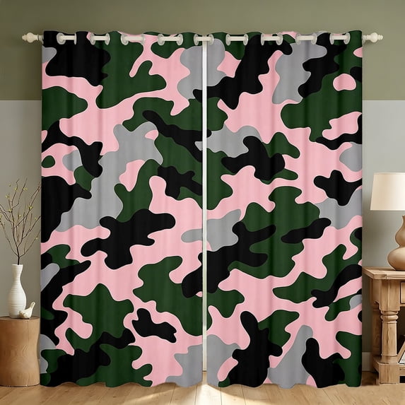 Manfei Farmhouse Camouflage Blackout Curtains, Vintage Camo Window Curtains Pack of 2 (38x45 Each), Pink Green