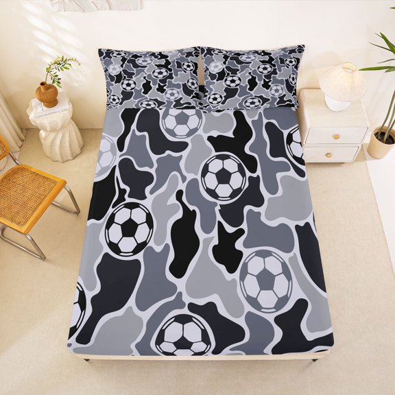 Manfei Farmhouse Camouflage Fitted Sheet Full, Vintage Camo Football Bed Set, Urban Gray, 3-Piece, 1 Fitted Sheet and 2 Pillowcases