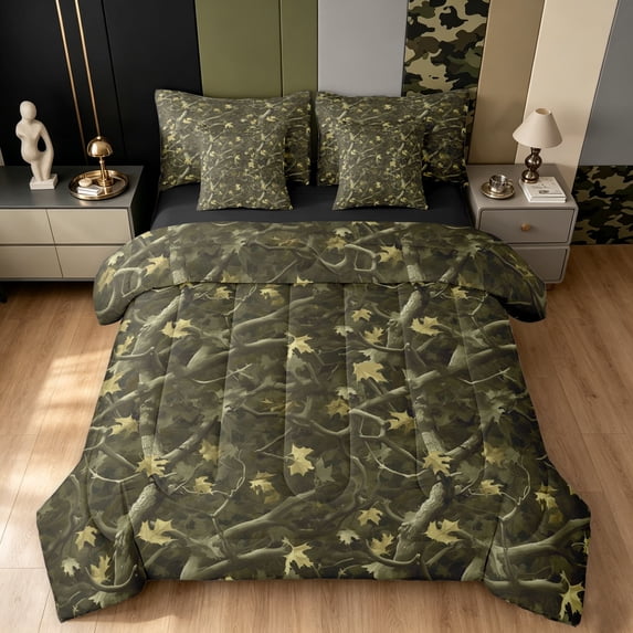 Manfei Farmhouse Camouflage Full Size Bedding Sets, Contemporary Art Camo Full Size Bed in a Bag, Olive Green, Black Reversible, 7-Piece
