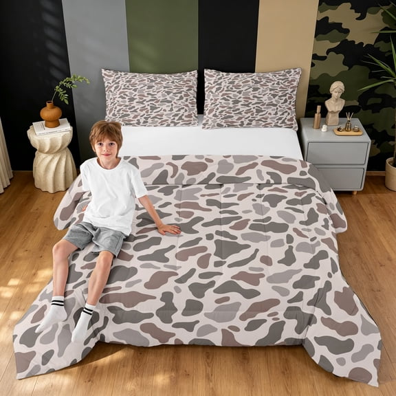Manfei Farmhouse Camouflage Full Size Comforter Sets, Countryside Camo Bedding Comforter Set, Light Gray, Gray Reversible, 3-Piece, 1 Comforter and 2 Pillowcases
