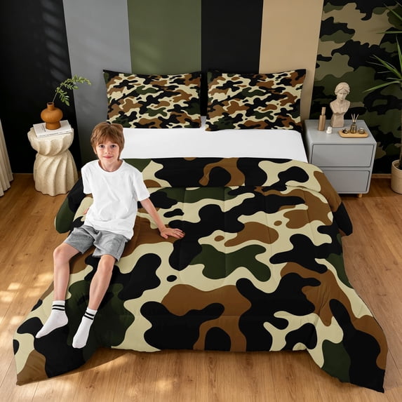 Manfei Farmhouse Camouflage King Size Comforter Sets, Mid Century Camo Comforters King Size, Desert Tan, Gray Reversible, 3-Piece, 1 Comforter and 2 Pillowcases