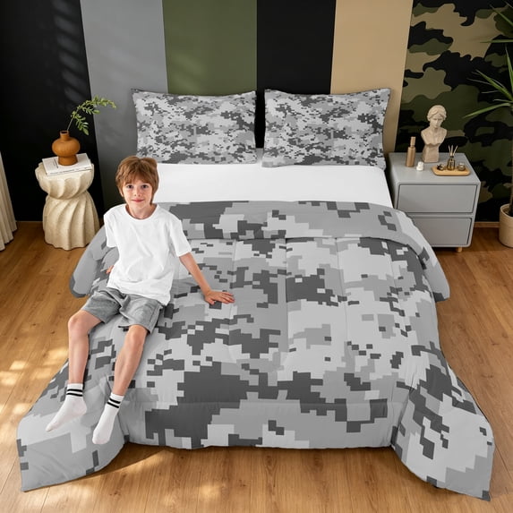 Manfei Farmhouse Camouflage Queen Comforter Set, Old Fashion Camo Comforter Sets Queen, Light Gray, Gray Reversible, 3-Piece, 1 Comforter and 2 Pillowcases
