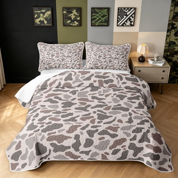 Manfei Farmhouse Camouflage Quilt Full, Countryside Camo Full Bedspread Sets, Light Gray, 3-Piece, 1 Coverlet and 2 Pillowcases