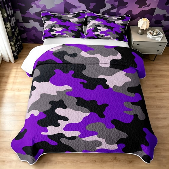 Manfei Farmhouse Camouflage Quilt King, Vintage Camo King Coverlet Set, Purple, 3pcs, 1 Bedspread and 2 Pillowcases