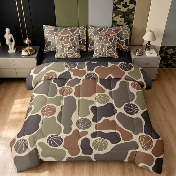 Manfei Farmhouse Camouflage Twin Bedding, Basketball Camo Bedding Comforter Set, Desert Tan, Black Reversible, 7-Piece