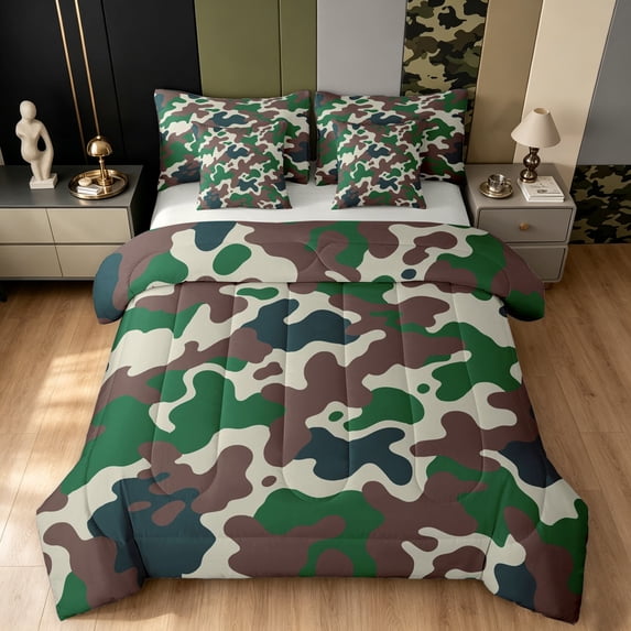 Manfei Farmhouse Camouflage Twin Bedding, Contemporary Art Camo Bedding Comforter Set, Forest Green, Gray Reversible, 7-Piece