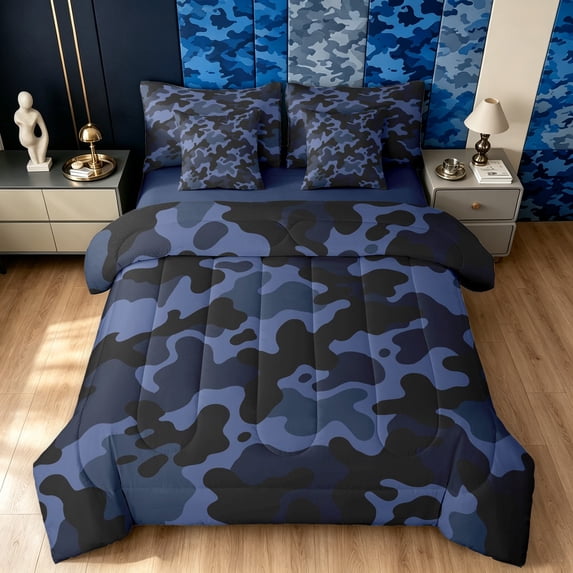 Manfei Farmhouse Camouflage Twin Bedding, Countryside Camo Bedding Comforter Set, Steel Blue, Blue Reversible, 7-Piece