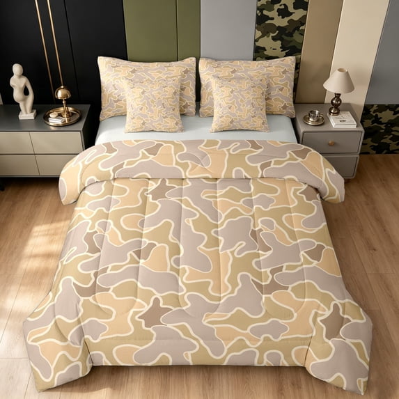 Manfei Farmhouse Camouflage Twin Bedding, Mid Century Camo Bedding Comforter Set, Khaki, Gray Reversible, 7-Piece