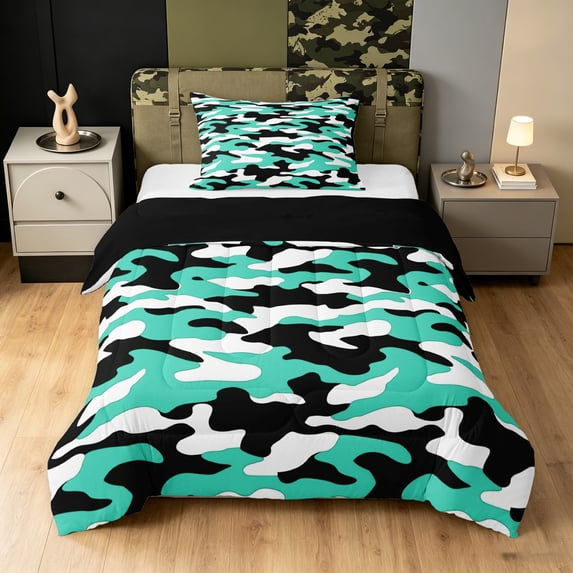 Manfei Farmhouse Camouflage Twin Comforter Sets, Contemporary Art Camo Bedding Set, Aqua Marine, Black Reversible, 2-Piece, 1 Comforter and 1 Pillowcase