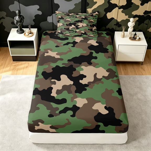 Manfei Farmhouse Camouflage Twin Fitted Sheet, Old Fashion Camo Bedding, Camo Multi, 2 Pieces, 1 Fitted Sheet and 1 Pillowcase