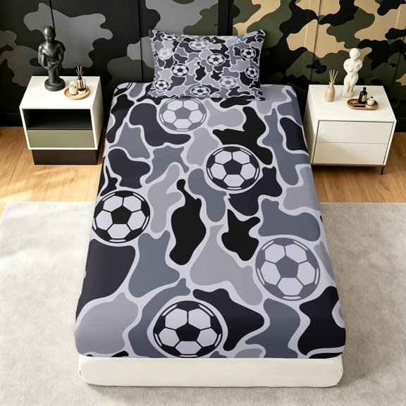 Manfei Farmhouse Camouflage Twin Fitted Sheet, Vintage Camo Football Bedding, Urban Gray, 2-Piece, 1 Fitted Sheet and 1 Pillowcase