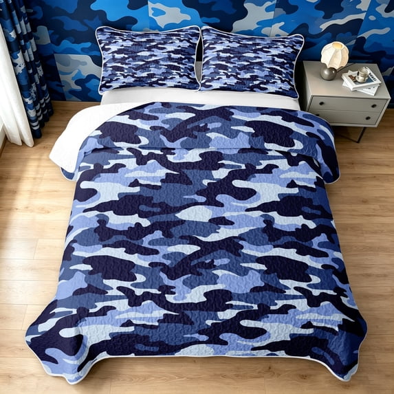 Manfei Farmhouse Camouflage Twin Quilt Set, Mid Century Camo Twin Coverlet Set, Steel Blue, 2-Piece, 1 Bedspread and 1 Pillowcase