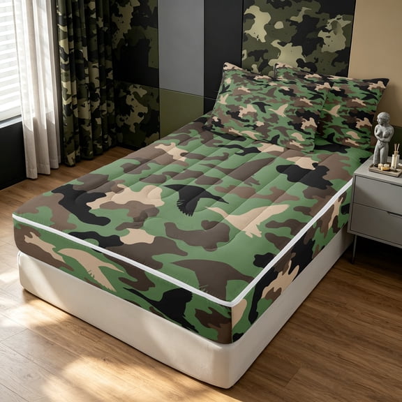 Manfei Farmhouse Camouflage Zipper Full Size Comforter Sets with Fitted Sheet and 2 Pillowcases, Contemporary Art Camo Zipper Bedding Set, Camo Multi, Black Reversible, 4 Pieces