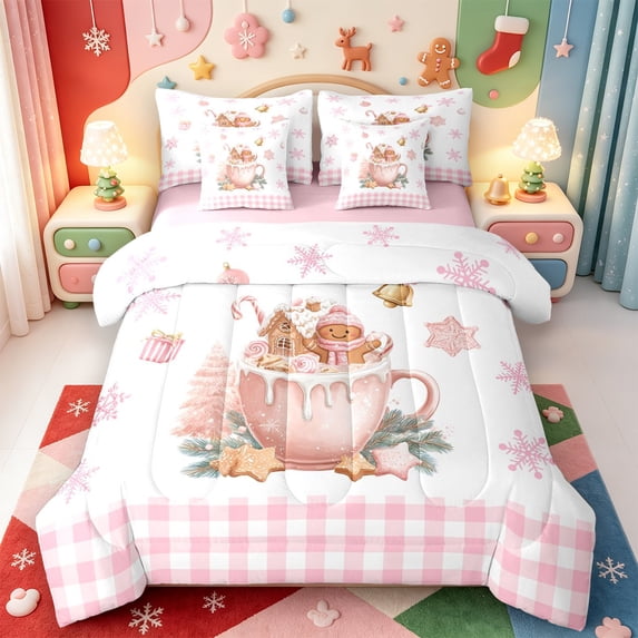Manfei Farmhouse Christmas Snowflake 7-Piece King Bedding,Happy Xmas King Bed in a Bag,Pink Reversible
