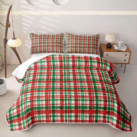 Manfei Farmhouse Christmas Twin Quilt Set,Rustic Holiday Plaid Twin Coverlet Set,Red,2pcs,1 Bedspread and 1 Pillowcase