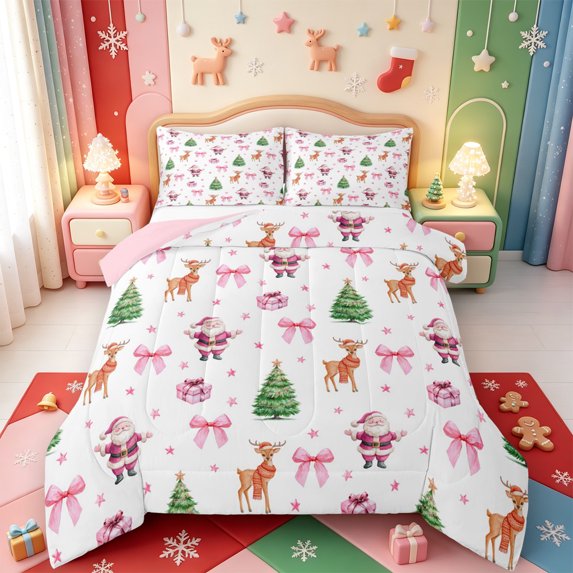 Manfei Farmhouse Christmas Winter Snow King Size Comforter Sets,Merry Xmas Comforters King Size,Pink Reversible,3pcs,1 Comforter and 2 Pillowcases