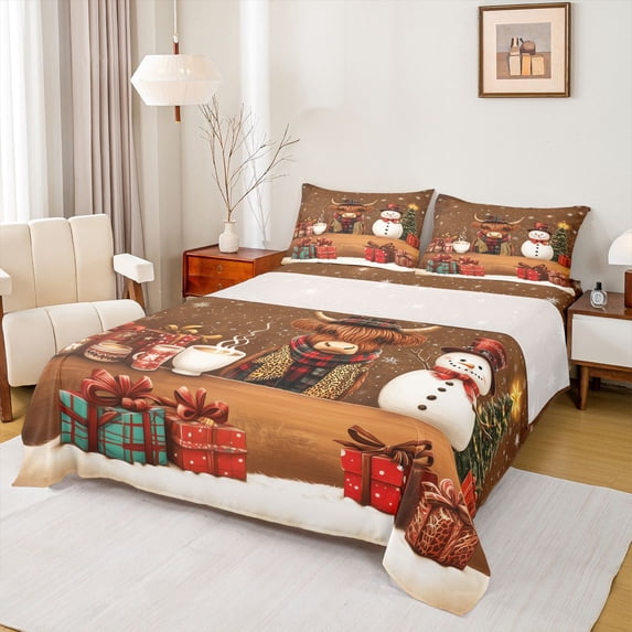 Manfei Farmhouse Cow Animal Full Size Sheets for Kid, Cartoon Snowman Bed Sheets, Happy New Year Sheet Sets, Lightweight Room Decor, 4 Pieces