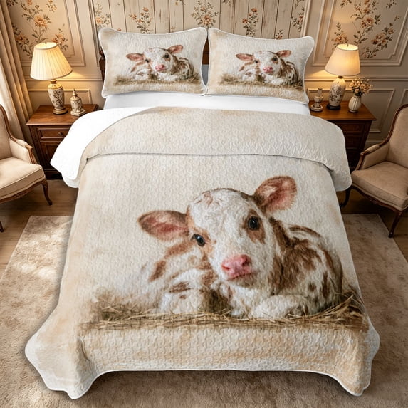 Manfei Farmhouse Cow Quilt Full 3-Piece,Rustic Animal Full Bedspread Sets,White Beige,1 Coverlet and 2 Pillowcases