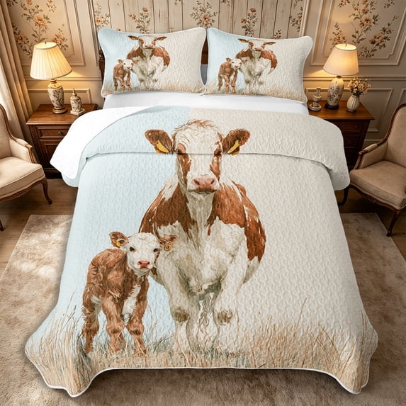 Manfei Farmhouse Cows Quilt Full 3-Piece,Watercolor Rustic Animal Full Bedspread Sets,White Brown,1 Coverlet and 2 Pillowcases