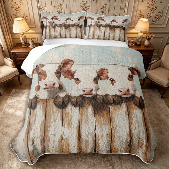 Manfei Farmhouse Cows Twin Quilt Set 2 Pieces,Rustic Animal Twin Coverlet Set,White Brown Blue,1 Bedspread and 1 Pillowcase