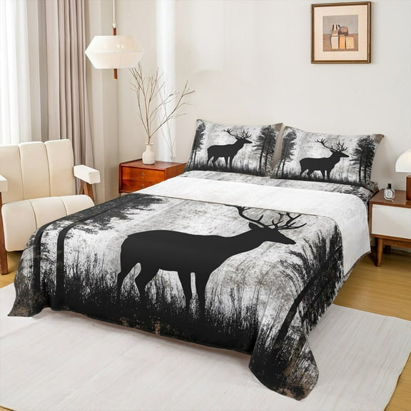 Manfei Farmhouse Deer Elk Bed Sheets, Woodland Animal King Sheets, Teens Boys Girls Kids Sheet Set, Microfiber Bedroom Decor, 4 Pieces