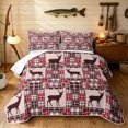 thumbnail image 1 of Manfei Farmhouse Deer Twin Quilt Set, Folk Buffalo Plaid Twin Coverlet Set, Tan White, Black Reversible, 2 Pieces, 1 Bedspread and 1 Pillowcase, 1 of 7