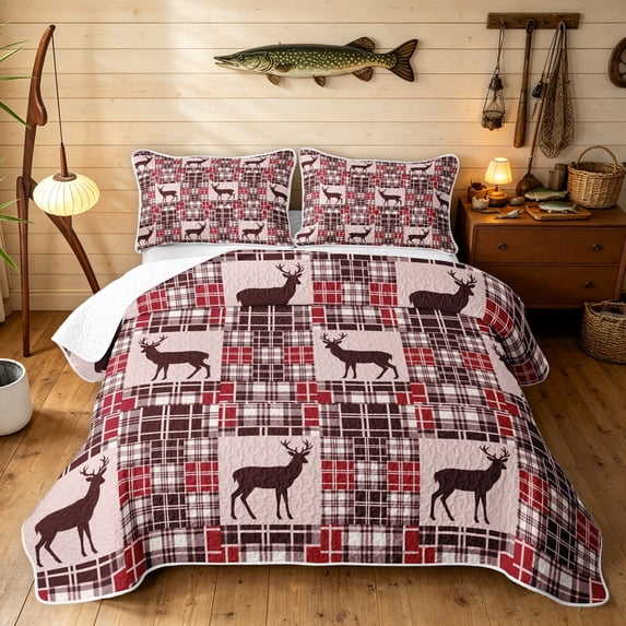 Manfei Farmhouse Deer Twin Quilt Set, Folk Buffalo Plaid Twin Coverlet Set, Tan White, Black Reversible, 2 Pieces, 1 Bedspread and 1 Pillowcase