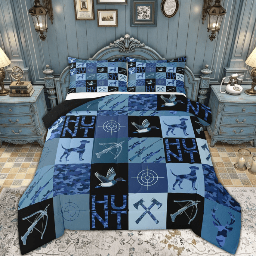 Manfei Farmhouse Dog Duck Wildlife Bedding Comforter Set for Kids Boys, Blue Rustic Camouflage Twin Comforter Sets, Black Reversible, 2-Piece