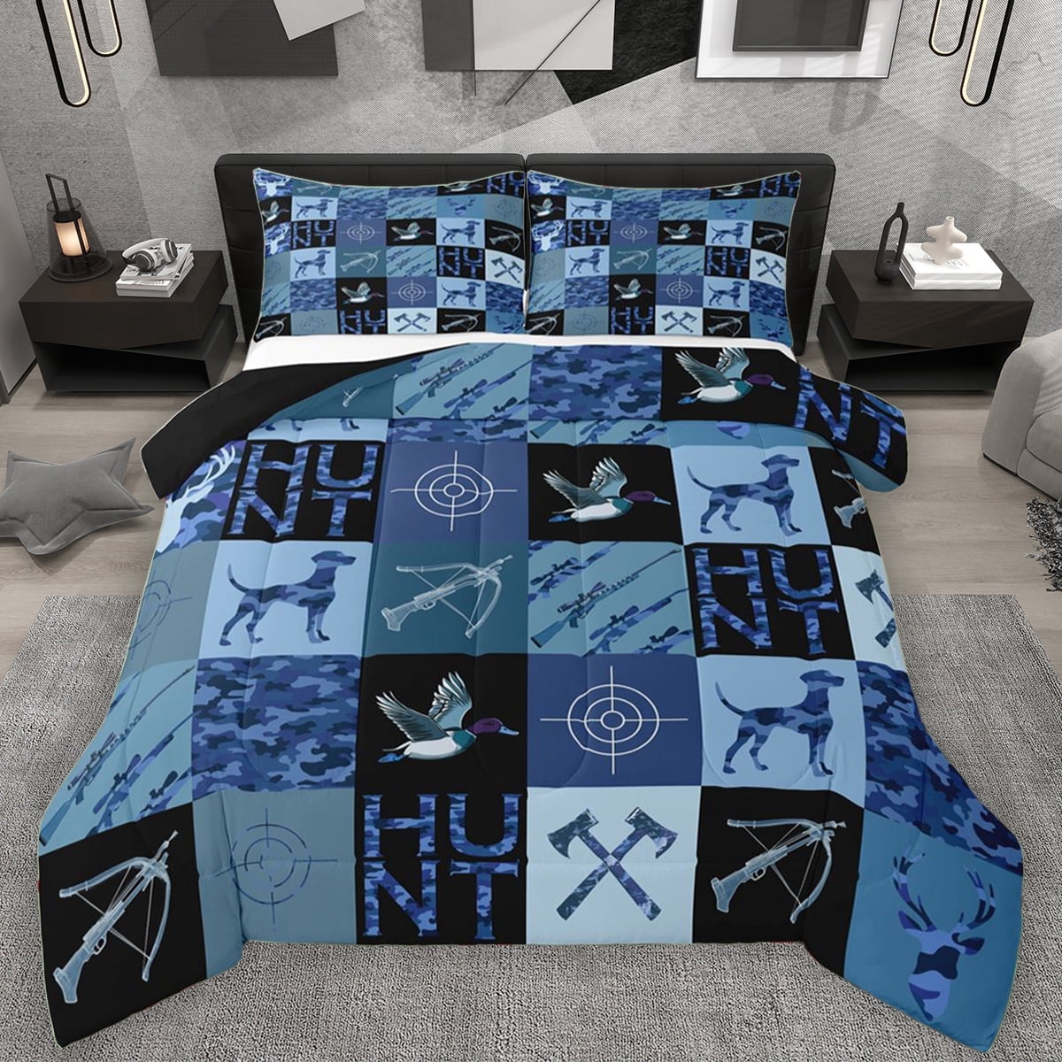 Manfei Farmhouse Dog Duck Queen Comforter Set, Hunting Wildlife Bedding Sets, Blue Rustic Camouflage Reversible Bedding Comforter Set, Lightweight Room Decor, 3-Piece