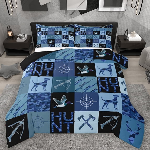 Manfei Farmhouse Dog Duck Queen Comforter Set, Hunting Wildlife Bedding Sets, Blue Rustic Camouflage Reversible Bedding Comforter Set, Lightweight Room Decor, 3-Piece