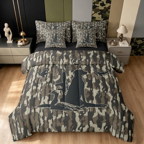 Manfei Farmhouse Duck Camo Twin Bedding, Countryside Camouflage Bedding Comforter Set, Camo Multi, Black Reversible, 7-Piece