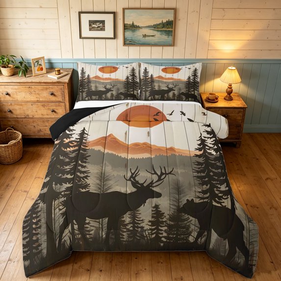 Manfei Farmhouse Elk Full Size Comforter Sets, Minimalst Landscape Bedding Comforter Set, Dark Brown White, Black Reversible, 3-Piece, 1 Comforter and 2 Pillowcases