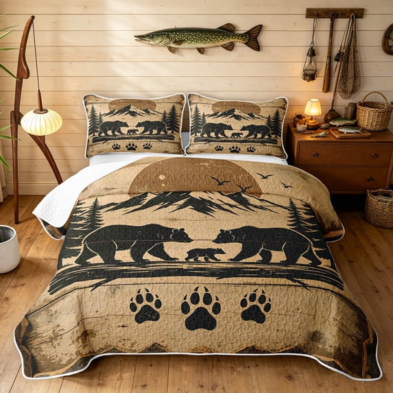 Manfei Farmhouse Grizzly Bear Quilt Full, Minimalist Rustic Full Bedspread Sets, Brown, Black Reversible, 3 Pieces, 1 Coverlet and 2 Pillowcases