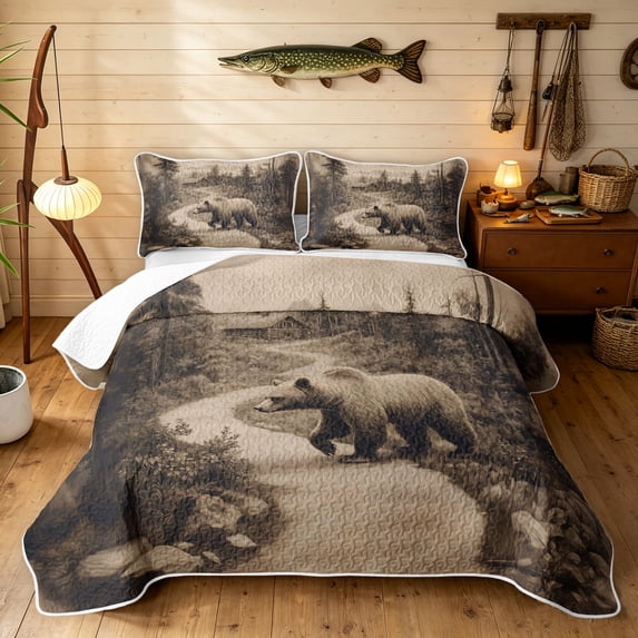 Manfei Farmhouse Grizzly Bear Quilt King, Vintage Cottage King Coverlet Set, Brown Tan, Black Reversible, 3 Pieces, 1 Bedspread and 2 Pillowcases