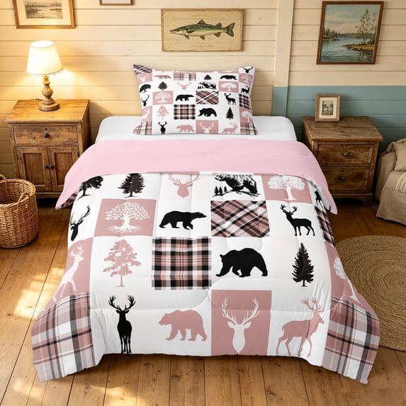 Manfei Farmhouse Grizzly Bear Twin Comforter Sets, Old Fashion Buffalo Bedding Set, White Pink, Pink Reversible, 2-Piece, 1 Comforter and 1 Pillowcase