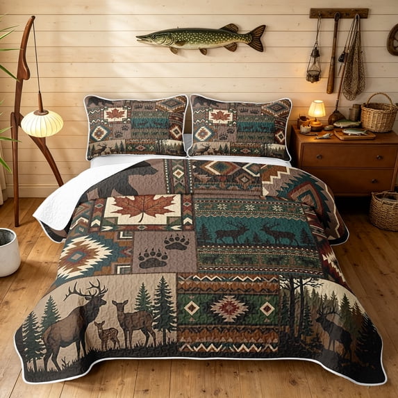 Manfei Farmhouse Grizzly Bear Twin Quilt Set, Bohemian Aztec Twin Coverlet Set, Brown Dark Green, Black Reversible, 2-Piece, 1 Bedspread and 1 Pillowcase