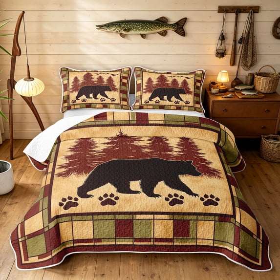 Manfei Farmhouse Grizzly Bear Twin Quilt Set, Tribal Square Grid Twin Coverlet Set, Orange Brown, Black Reversible, 2pcs, 1 Bedspread and 1 Pillowcase