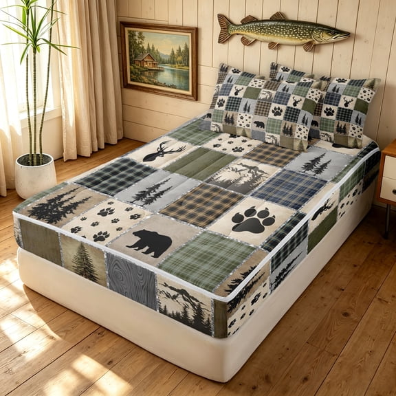 Manfei Farmhouse Grizzly Bear Zipper Twin Comforter Sets with Fitted Sheet and 2 Pillowcases, Retro Patchwork Buffalo Zipper Bedding Set, Brown Green, Gray Reversible, 4pcs