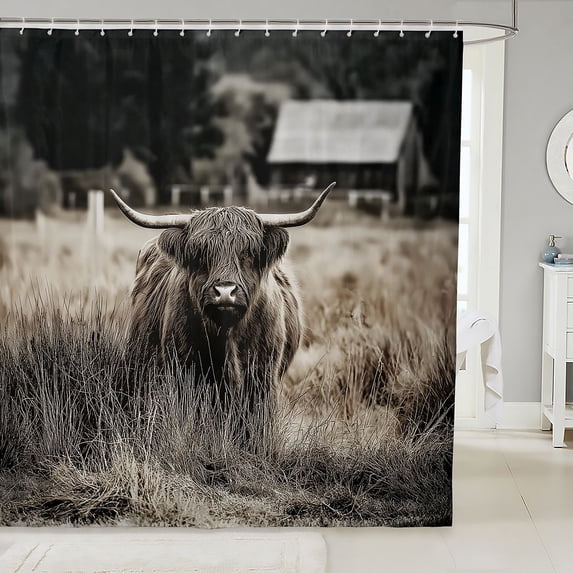 Manfei Farmhouse Highland Cattle Shower Curtain 72Wx78L,Rustic Farm Animal Bath Curtain,Brown Gray