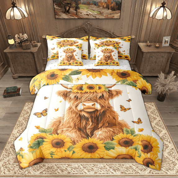 Manfei Farmhouse Highland Cow Bedding Comforter Set 7pcs, Watercolor Sunflower Full Bedding Set, Floral Butterfly Fitted Sheet Flat Sheet, Microfiber Bedroom Decor