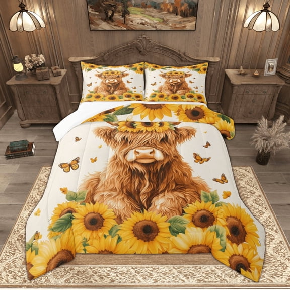 Manfei Farmhouse Highland Cow Queen Comforter Set, Watercolor Sunflower Bedding Sets, Floral Butterfly Bedding Comforter Set, Microfiber Bedroom Decor 3-Piece