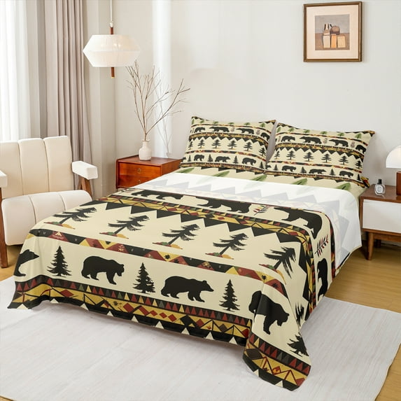 Manfei Farmhouse Jungle Bear Bed Sheets, Rustic Cabin King Sheets, Western Countryside Sheet Set, Ultra Soft Home Decor, 4pcs