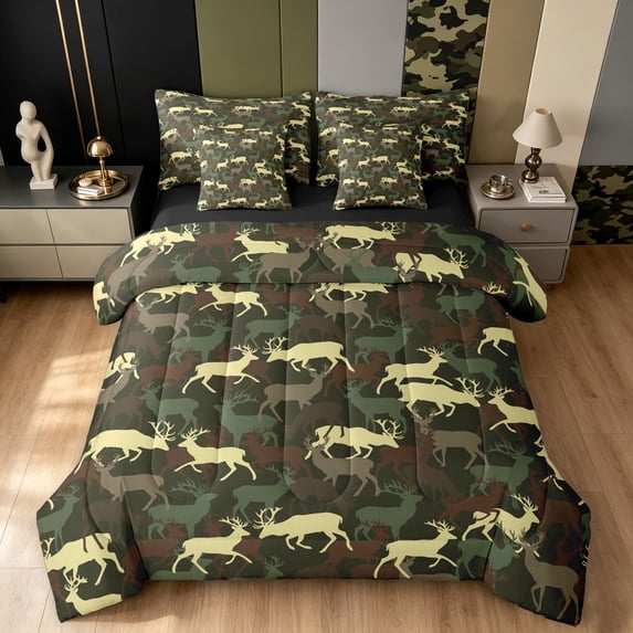 Manfei Farmhouse Moose King Bedding, Mid Century Camo King Bed in a Bag, Olive, Black Reversible, 7-Piece
