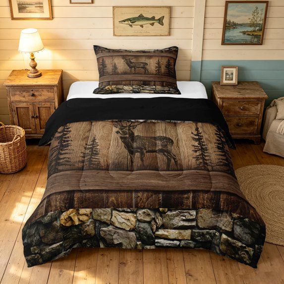 Manfei Farmhouse Moose Twin Comforter Sets, Countryside Rustic Bedding Set, Brown, Black Reversible, 2pcs, 1 Comforter and 1 Pillowcase