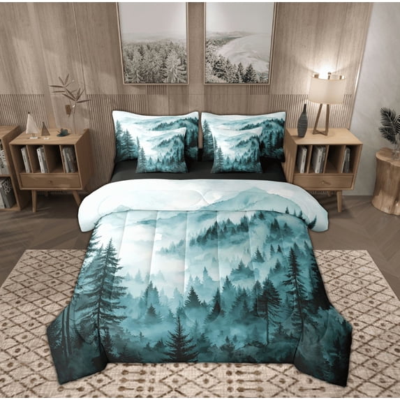 Manfei Farmhouse Nature Scenery Bedding Comforter Set 7-Piece, Teal Rustic Watercolor King Bedding Sets, Teen Kid Adult Reversible Bed Sheets, Microfiber Bedroom Decor