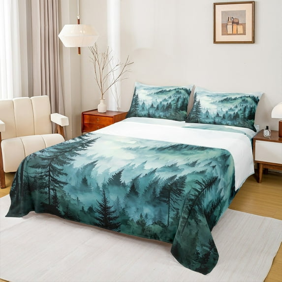 Manfei Farmhouse Nature Scenery Full Size Sheets, Teal Rustic Watercolor Bed Sheets, Teen Kid Adult Sheet Sets, Microfiber Bedroom Decor, 4 Pieces