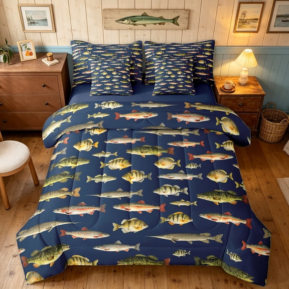 Manfei Farmhouse Pike Fish King Bedding, Rustic Wildlife King Bed in a Bag, Navy Blue, Blue Reversible, 7pcs
