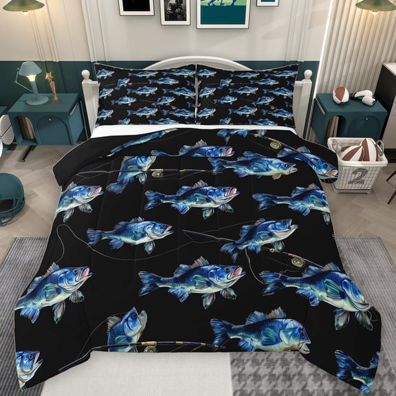 Manfei Farmhouse Pike Fish Queen Comforter Set, Western Rustic Fishing Bedding Sets, Black Blue Cartoon Reversible Bedding Comforter Set, Breathable Home Decor, 3 Pieces