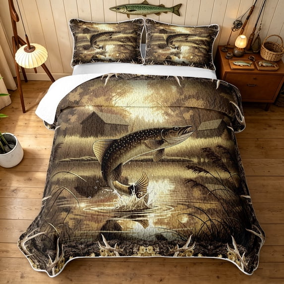 Manfei Farmhouse Pike Fish Quilt Full, Vintage Lodge Cabin Full Bedspread Sets, Brown, 3 Pieces, 1 Coverlet and 2 Pillowcases