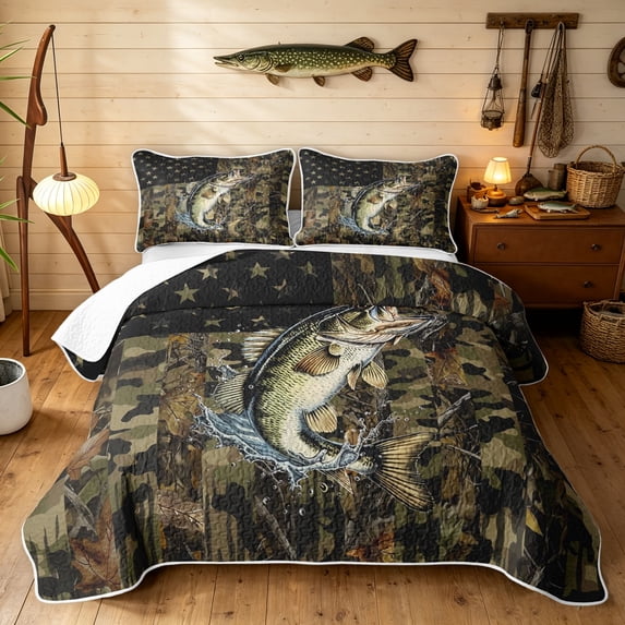Manfei Farmhouse Pike Fish Quilt King, Vintage Lake House King Coverlet Set, Camo Multi, 3 Pieces, 1 Bedspread and 2 Pillowcases